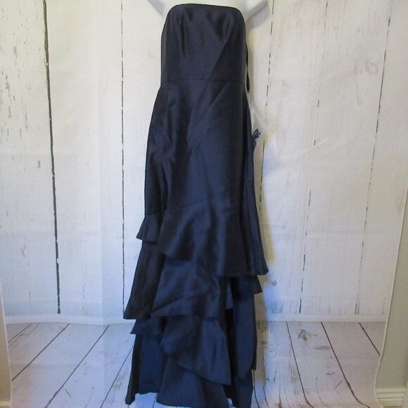 Dessy Collection Vivian Diamond Dress Blue Satin Ruffle Maxi Bridesmaid Prom - Picture 3 of 11